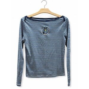 Bluey Embroidered Dog Blue White Striped Boat Neck Long Sleeve Cotton Top M